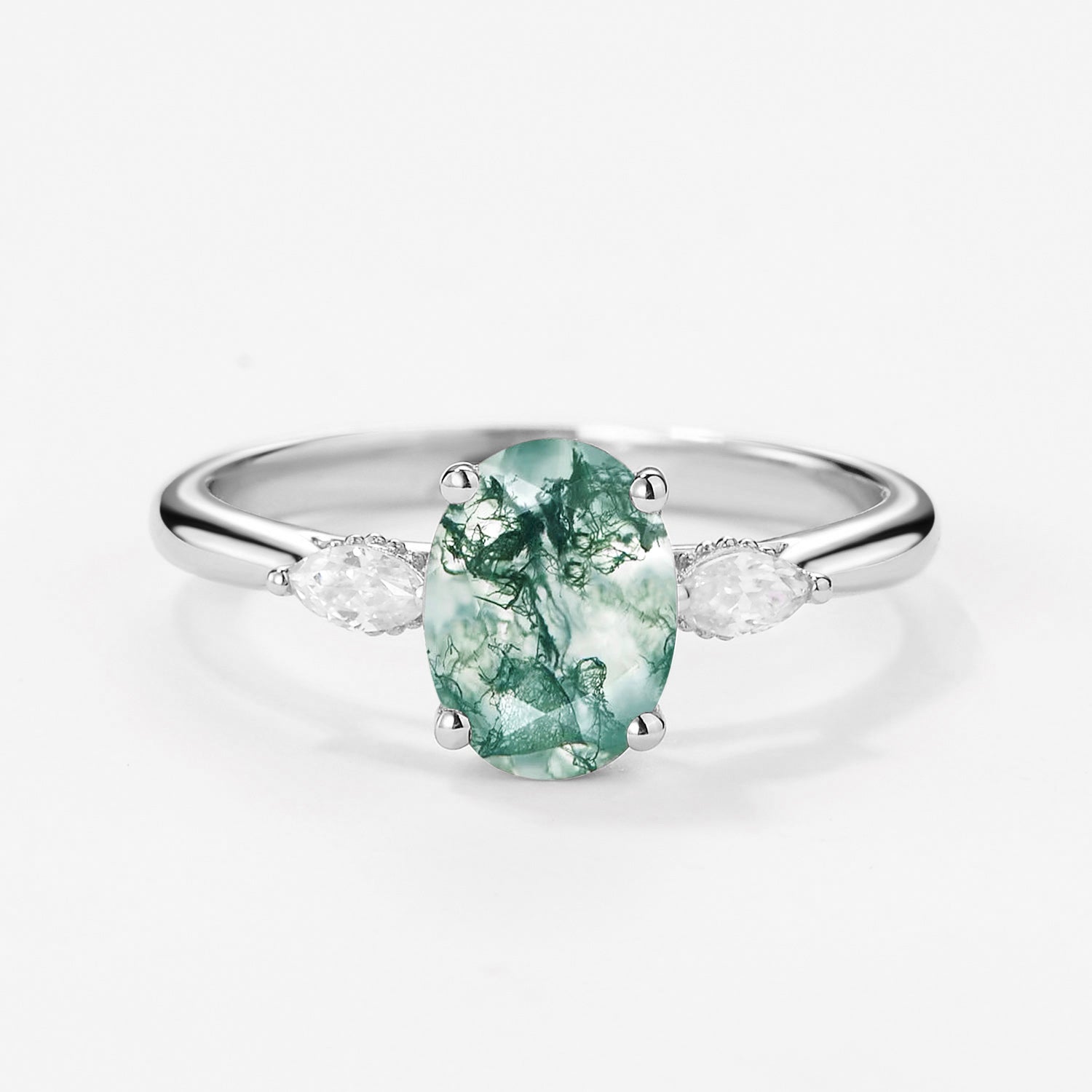 Oval Moss Agate Hidden Halo Three Stone Engagement Ring