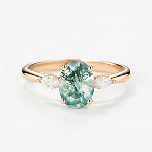 Oval Moss Agate Hidden Halo Three Stone Engagement Ring
