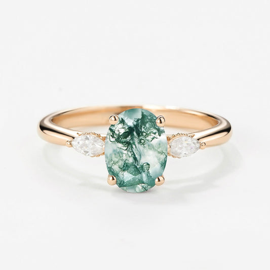 Oval Moss Agate Hidden Halo Three Stone Engagement Ring