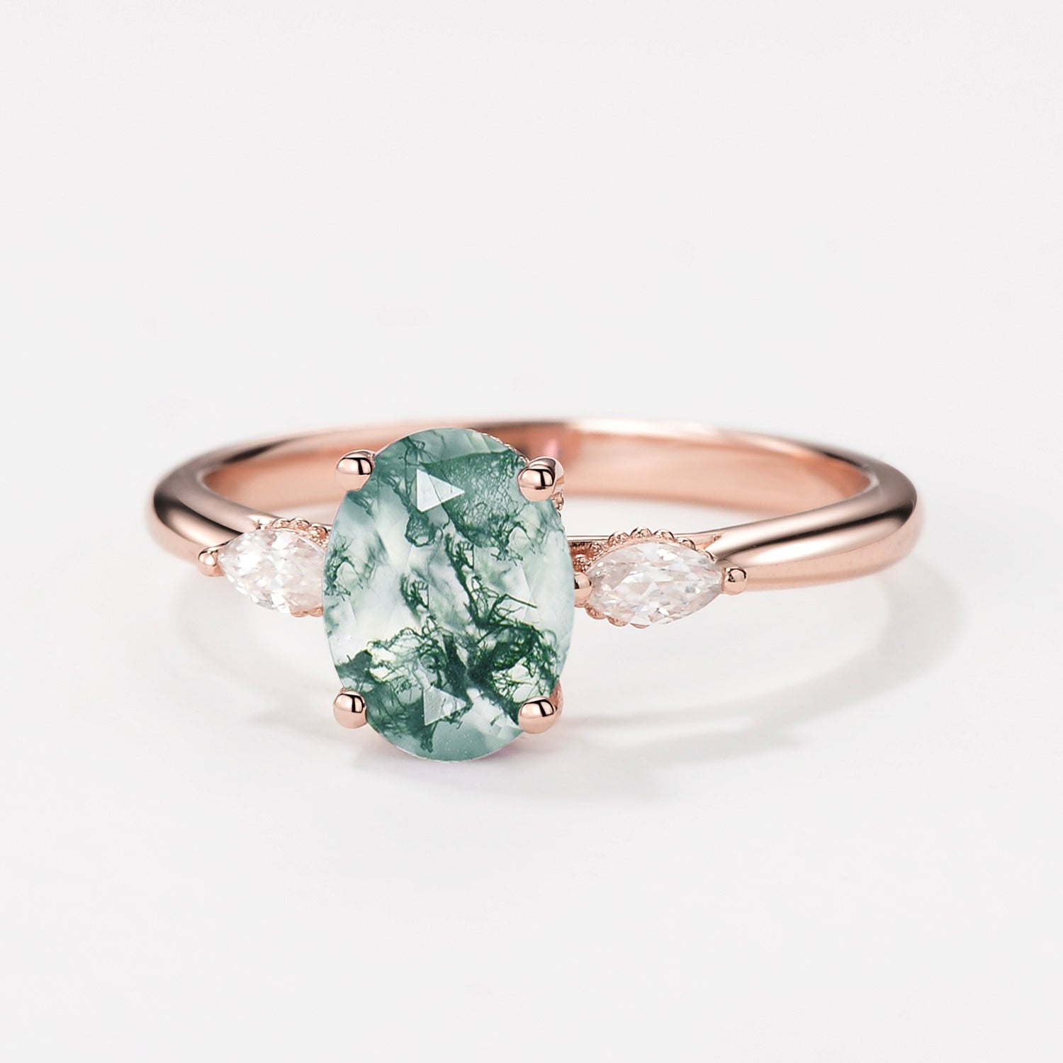 Oval Moss Agate Hidden Halo Three Stone Engagement Ring