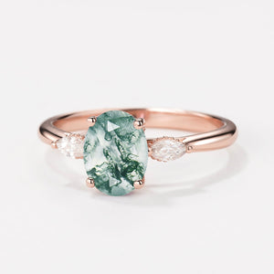 Oval Moss Agate Hidden Halo Three Stone Engagement Ring