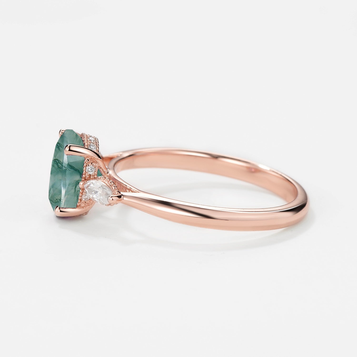 Oval Moss Agate Hidden Halo Three Stone Engagement Ring