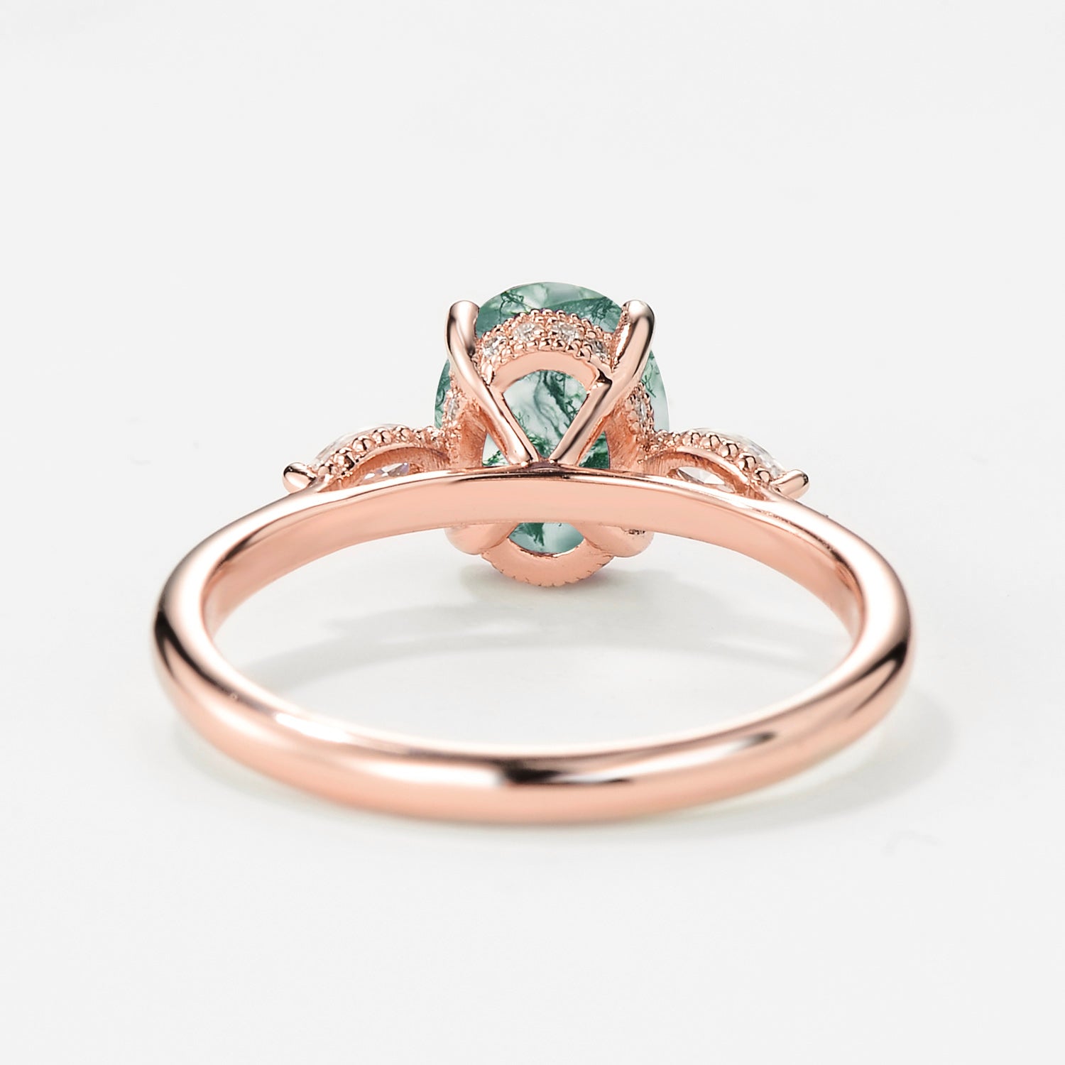 Oval Moss Agate Hidden Halo Three Stone Engagement Ring