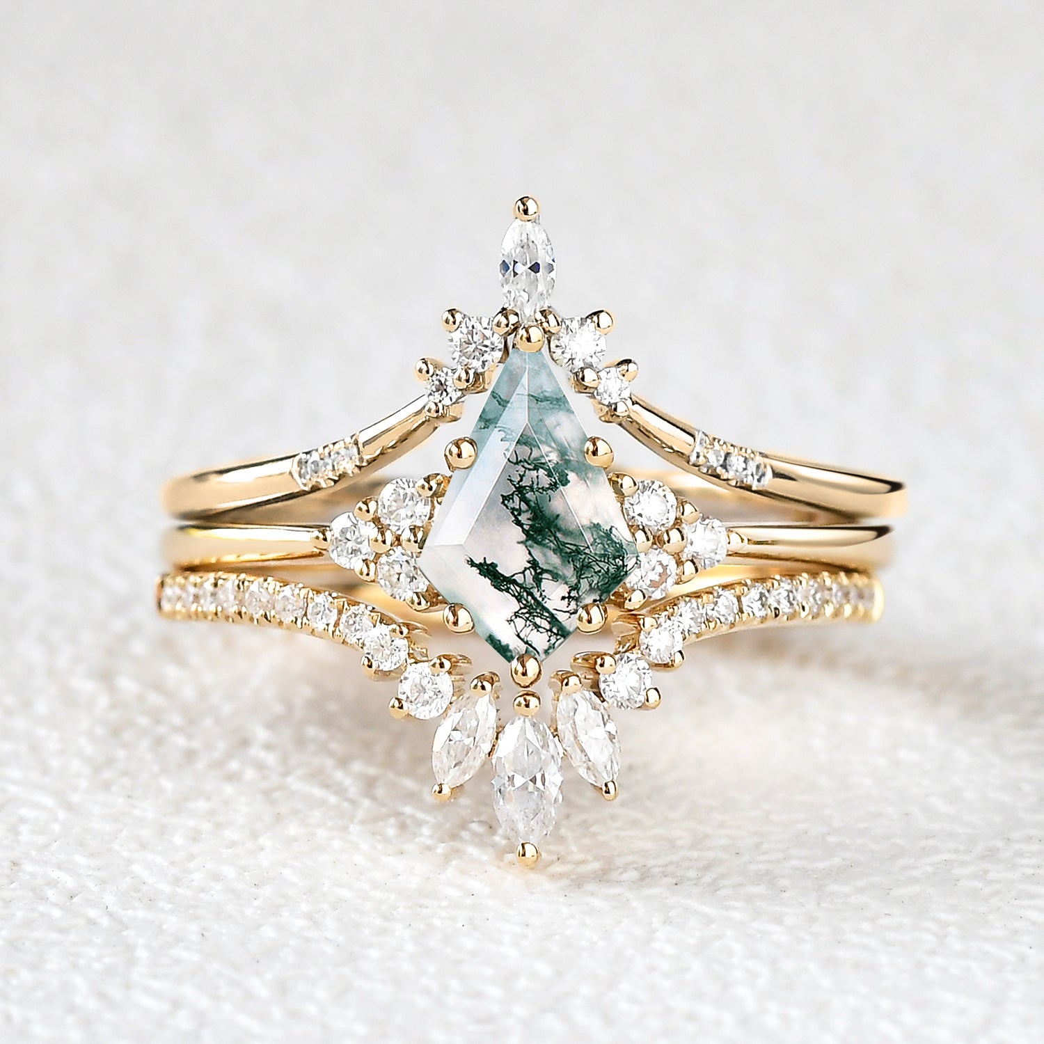 Women Kite Cut Moss Agate Engagement Ring Set 3pcs