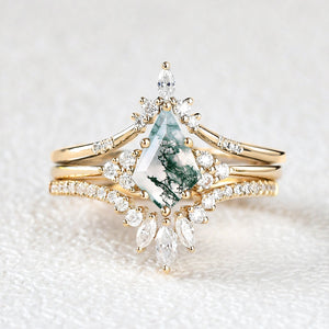 Women Kite Cut Moss Agate Engagement Ring Set 3pcs