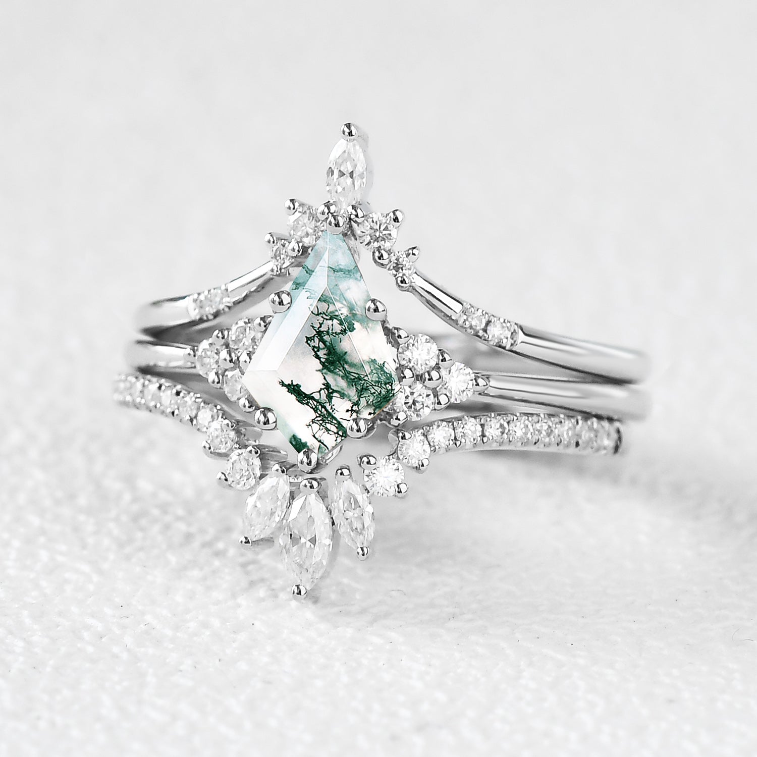 Women Kite Cut Moss Agate Engagement Ring Set 3pcs