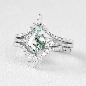 Women Kite Cut Moss Agate Engagement Ring Set 3pcs