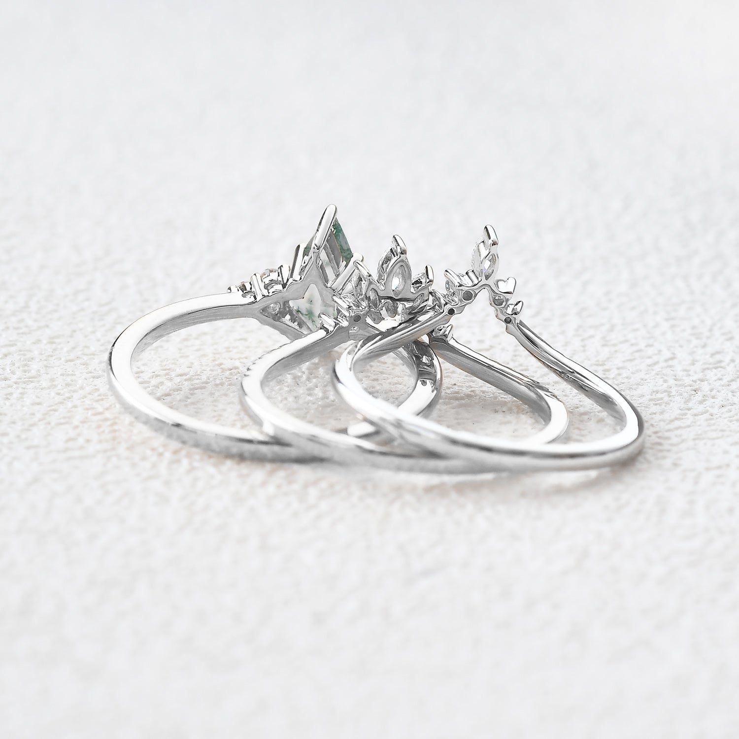 Women Kite Cut Moss Agate Engagement Ring Set 3pcs
