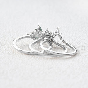 Women Kite Cut Moss Agate Engagement Ring Set 3pcs