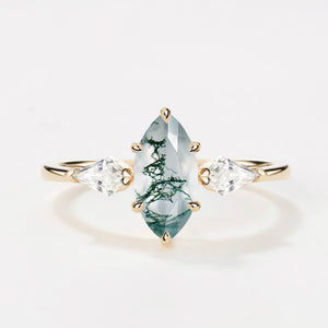 1.0ct Marquise Cut Moss Agate Three Stone Engagement Ring