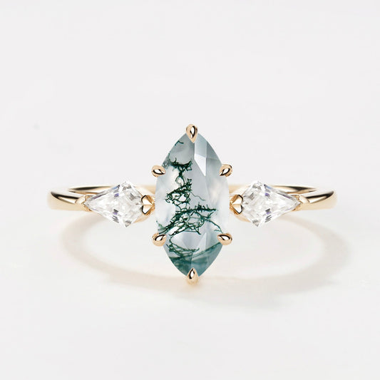 1.0ct Marquise Cut Moss Agate Three Stone Engagement Ring