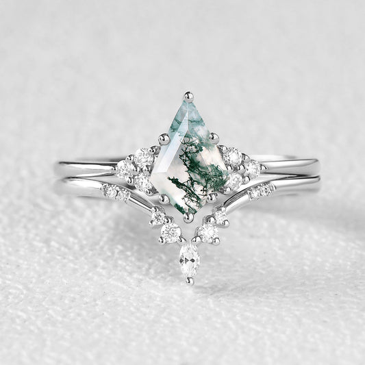 Curved Moss Agate Engagement Ring Set 2pcs