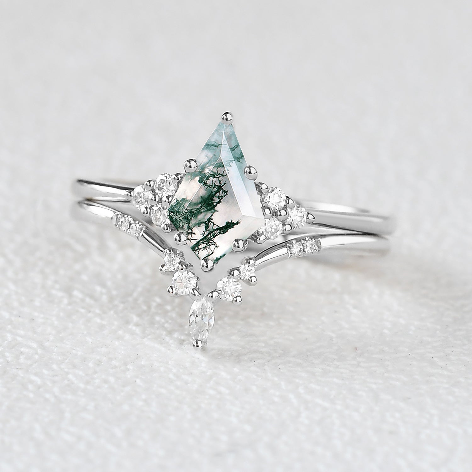 Curved Moss Agate Engagement Ring Set 2pcs