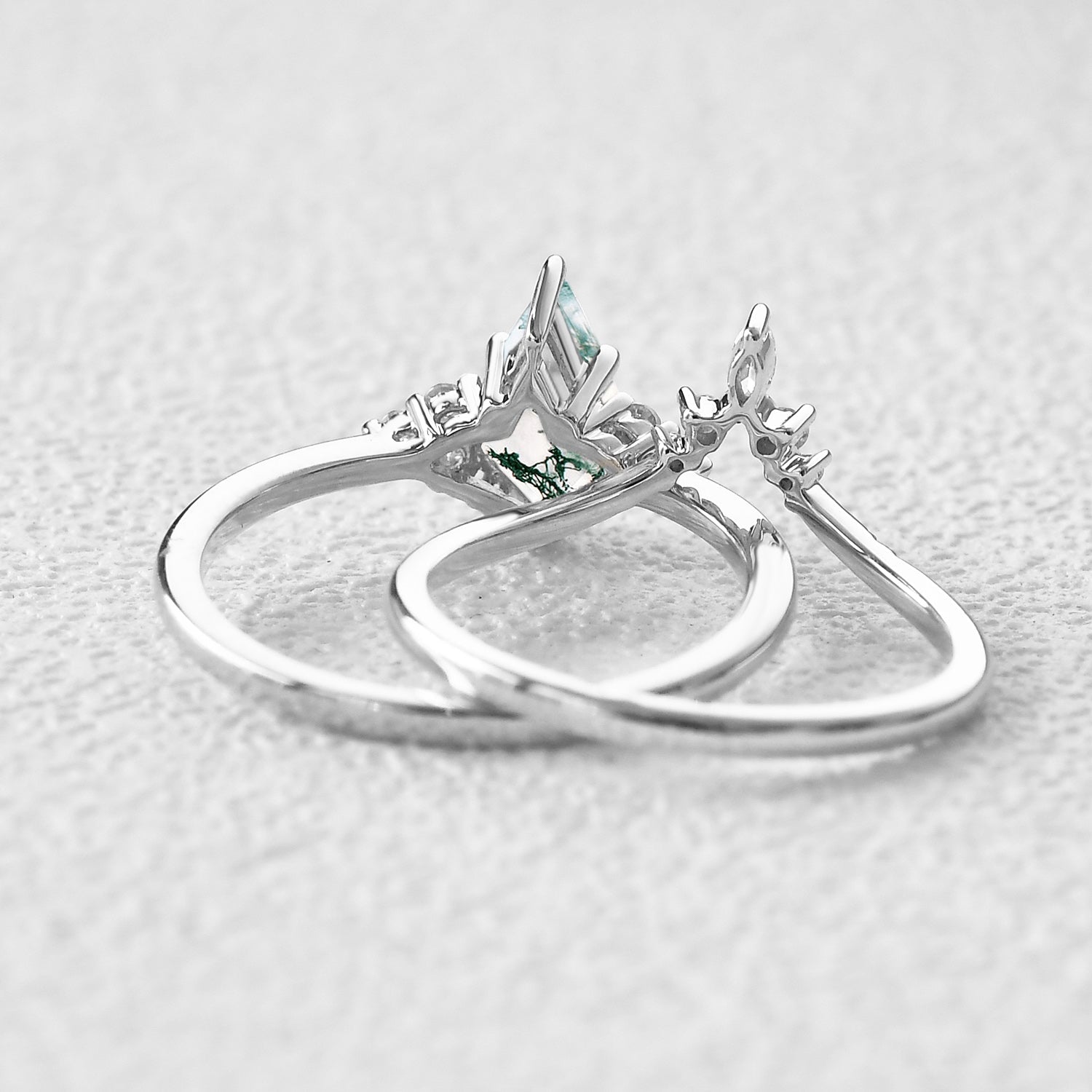 Curved Moss Agate Engagement Ring Set 2pcs