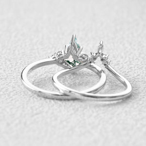 Curved Moss Agate Engagement Ring Set 2pcs