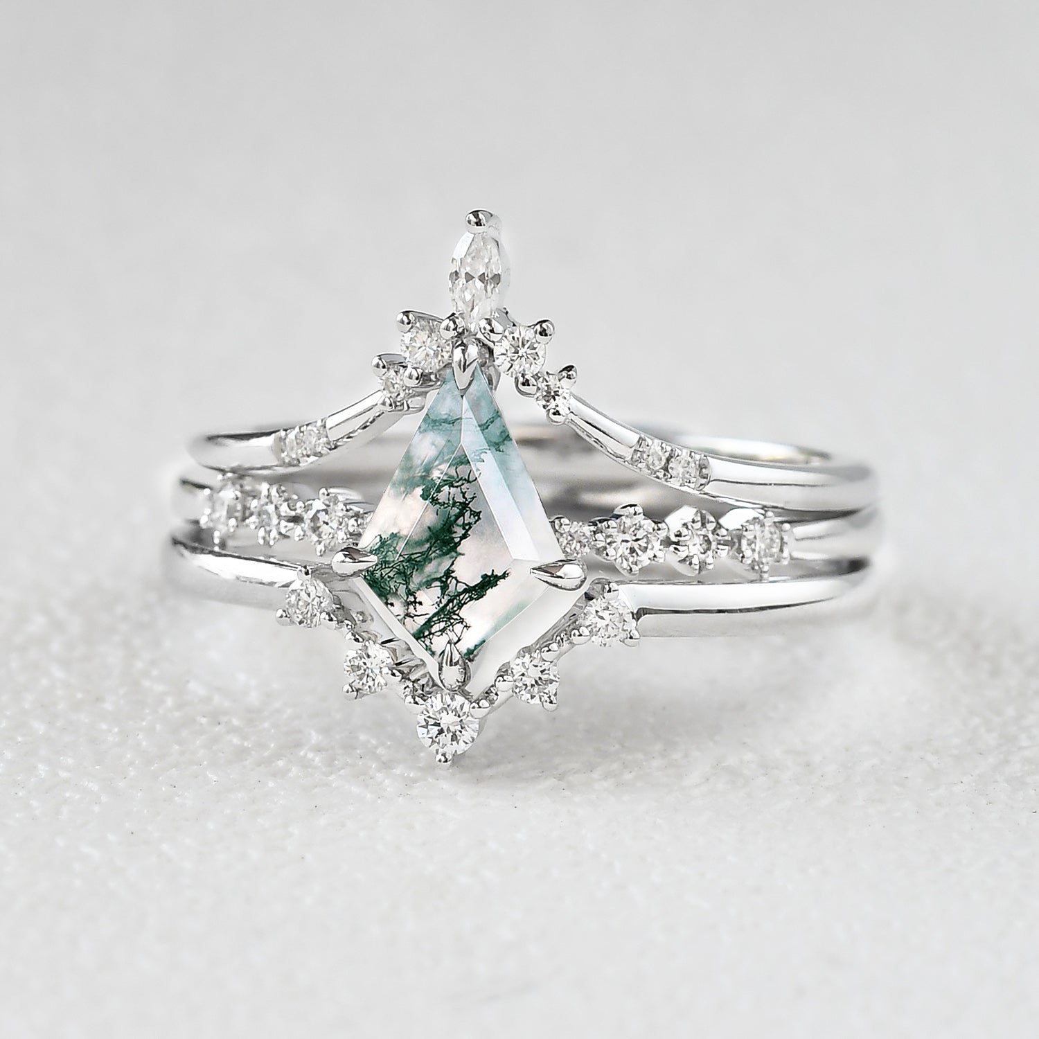 1.5ct Vintage Moss Agate Engagement Ring Set 3pcs