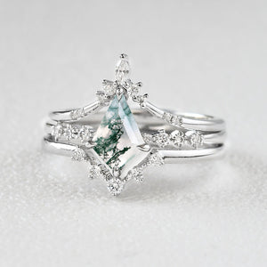 1.5ct Vintage Moss Agate Engagement Ring Set 3pcs