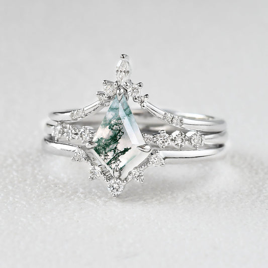 1.5ct Vintage Moss Agate Engagement Ring Set 3pcs