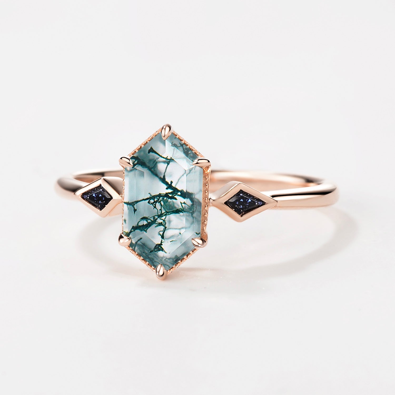 Three Stone Hexagon Moss Agate & Kite Blue Sandstone Engagement Ring