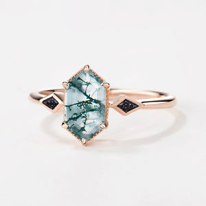 Three Stone Hexagon Moss Agate & Kite Blue Sandstone Engagement Ring
