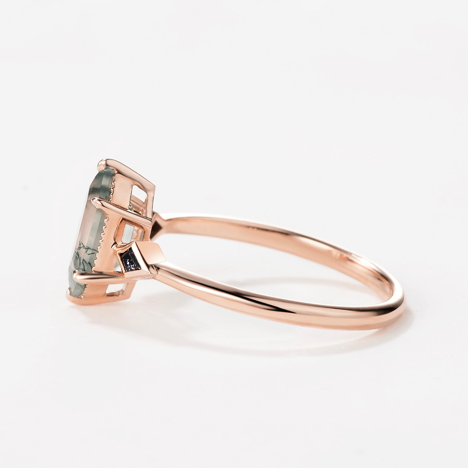 Three Stone Hexagon Moss Agate & Kite Blue Sandstone Engagement Ring
