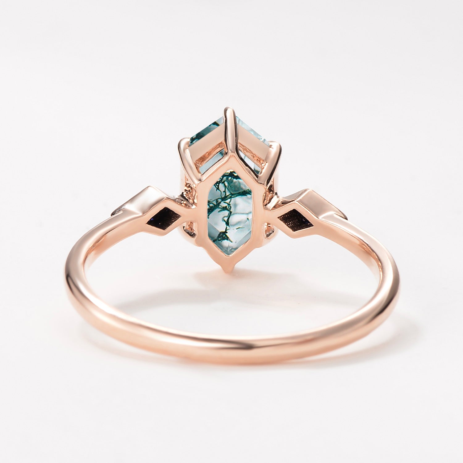 Three Stone Hexagon Moss Agate & Kite Blue Sandstone Engagement Ring