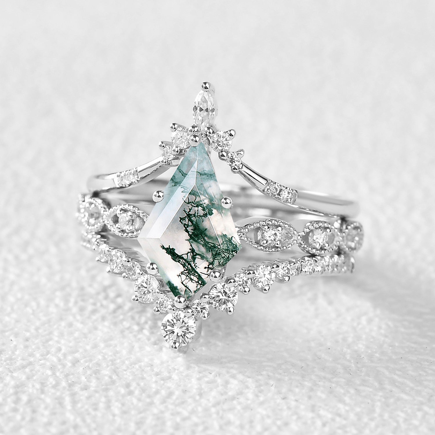 Vintage Kite Cut Moss Agate Engagement Ring Set 3pcs