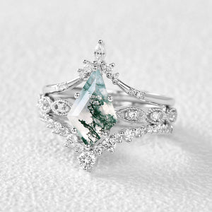 Vintage Kite Cut Moss Agate Engagement Ring Set 3pcs