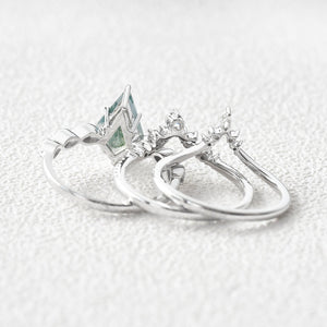 Vintage Kite Cut Moss Agate Engagement Ring Set 3pcs