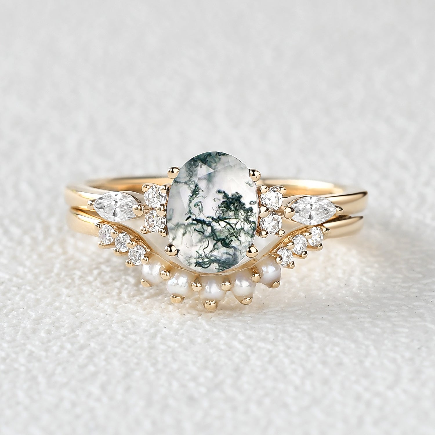 1.5ct Oval Cut Moss Agate & Pearl Engagement Ring Set 2pcs