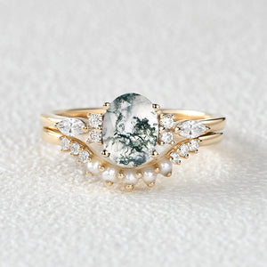 1.5ct Oval Cut Moss Agate & Pearl Engagement Ring Set 2pcs