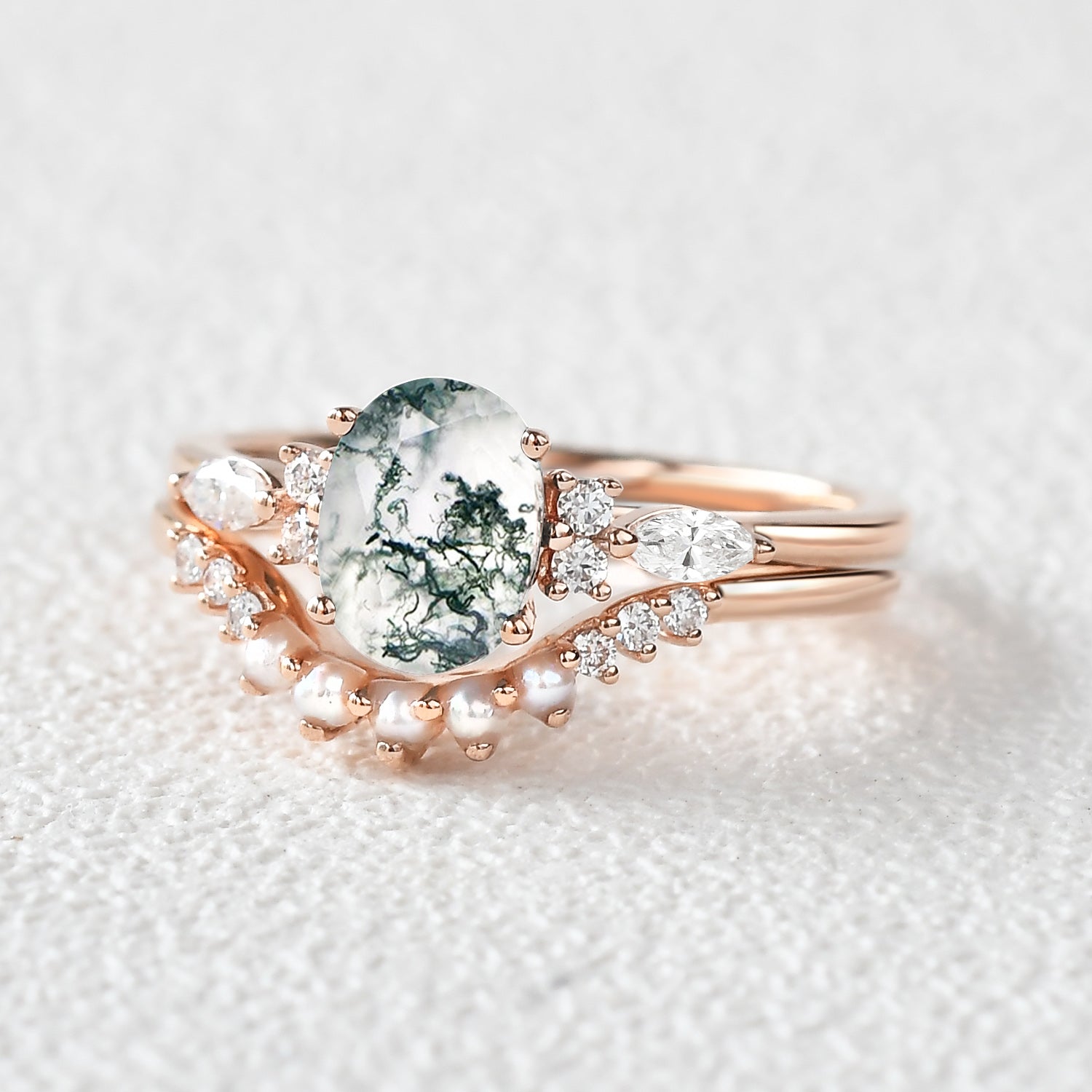 1.5ct Oval Cut Moss Agate & Pearl Engagement Ring Set 2pcs
