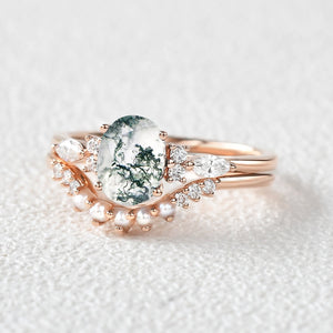 1.5ct Oval Cut Moss Agate & Pearl Engagement Ring Set 2pcs