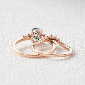 1.5ct Oval Cut Moss Agate & Pearl Engagement Ring Set 2pcs
