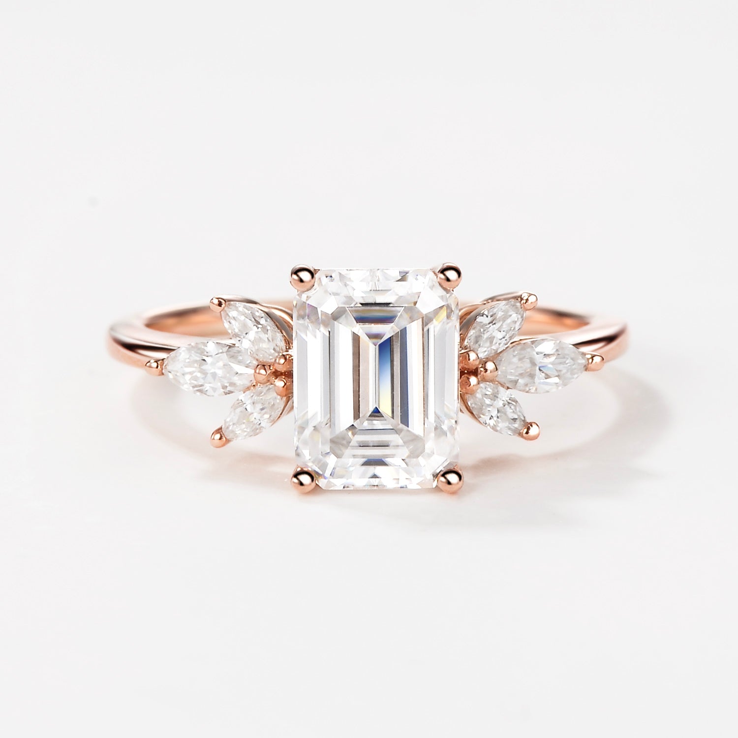 Emerald Cut Moss Agate Cluster Engagement Ring