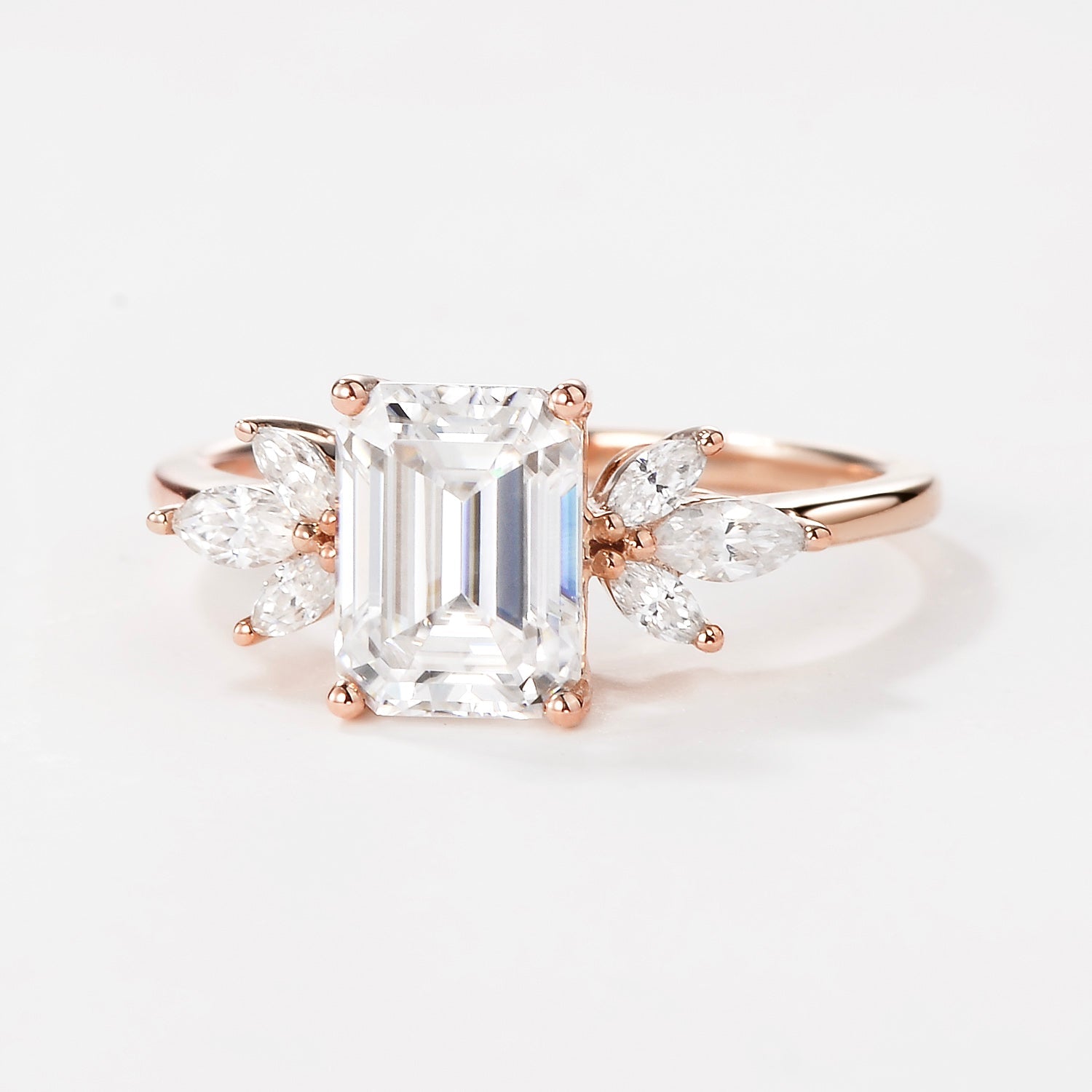 Emerald Cut Moss Agate Cluster Engagement Ring