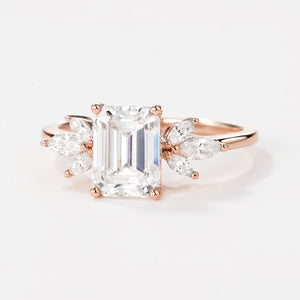 Emerald Cut Moss Agate Cluster Engagement Ring