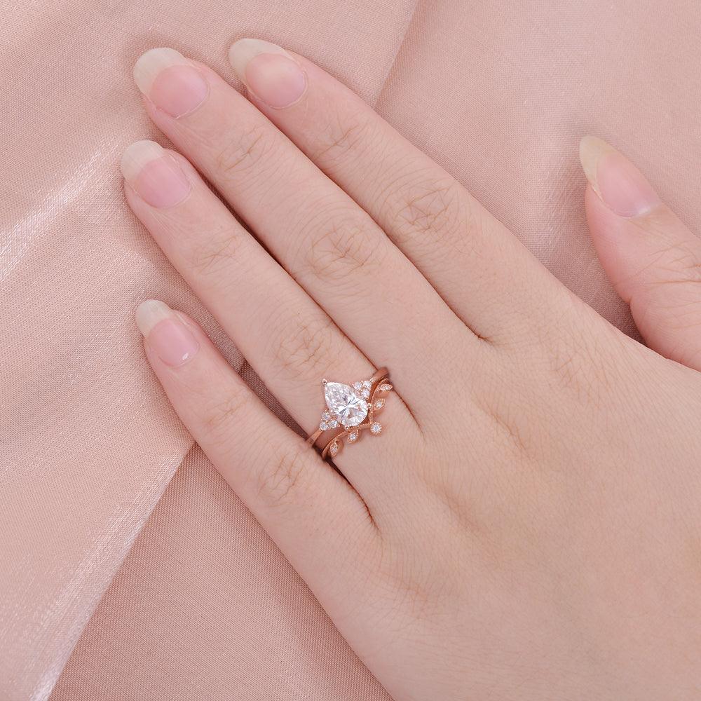 1.5ct Pear Moss Agate Leafy Ring Set 2pcs