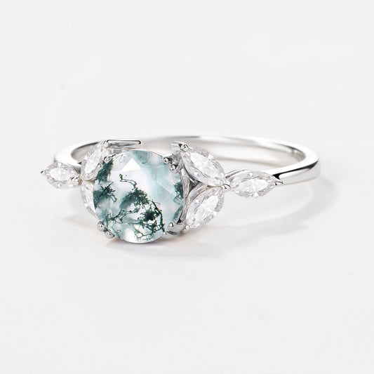 Round Cut Inspired Moss Agate Engagement Ring