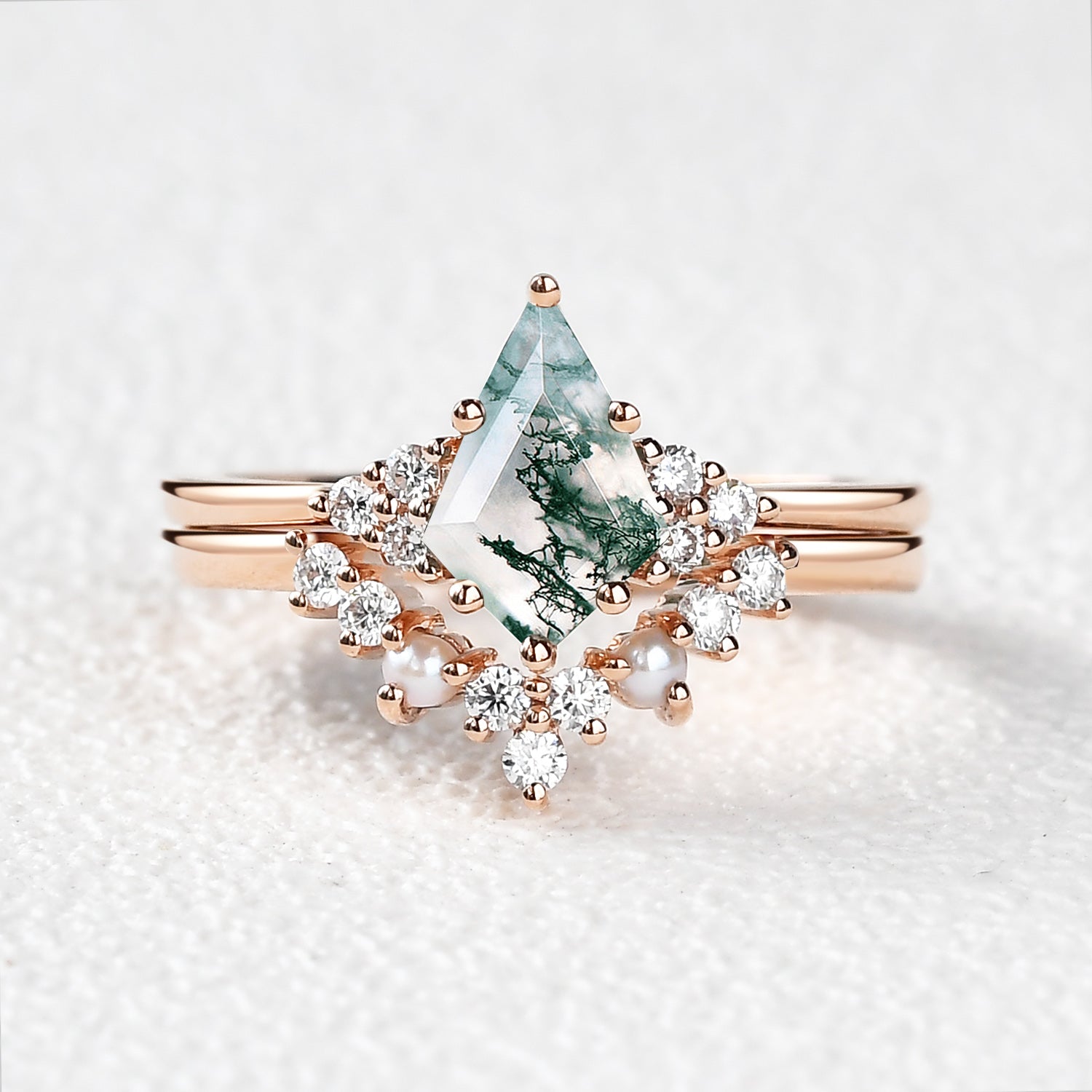 Kite Cut Moss Agate Pearl Engagement Ring Set 2pcs