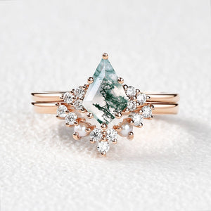 Kite Cut Moss Agate Pearl Engagement Ring Set 2pcs