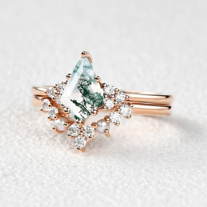 Kite Cut Moss Agate Pearl Engagement Ring Set 2pcs