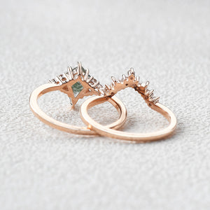 Kite Cut Moss Agate Pearl Engagement Ring Set 2pcs