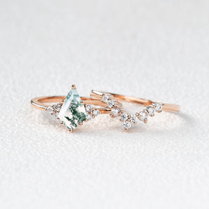 Kite Cut Moss Agate Pearl Engagement Ring Set 2pcs