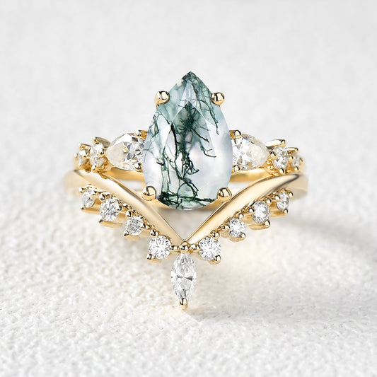 Pear Shaped Moss Agate & Pearl Chevron Bridal Ring Set 2pcs