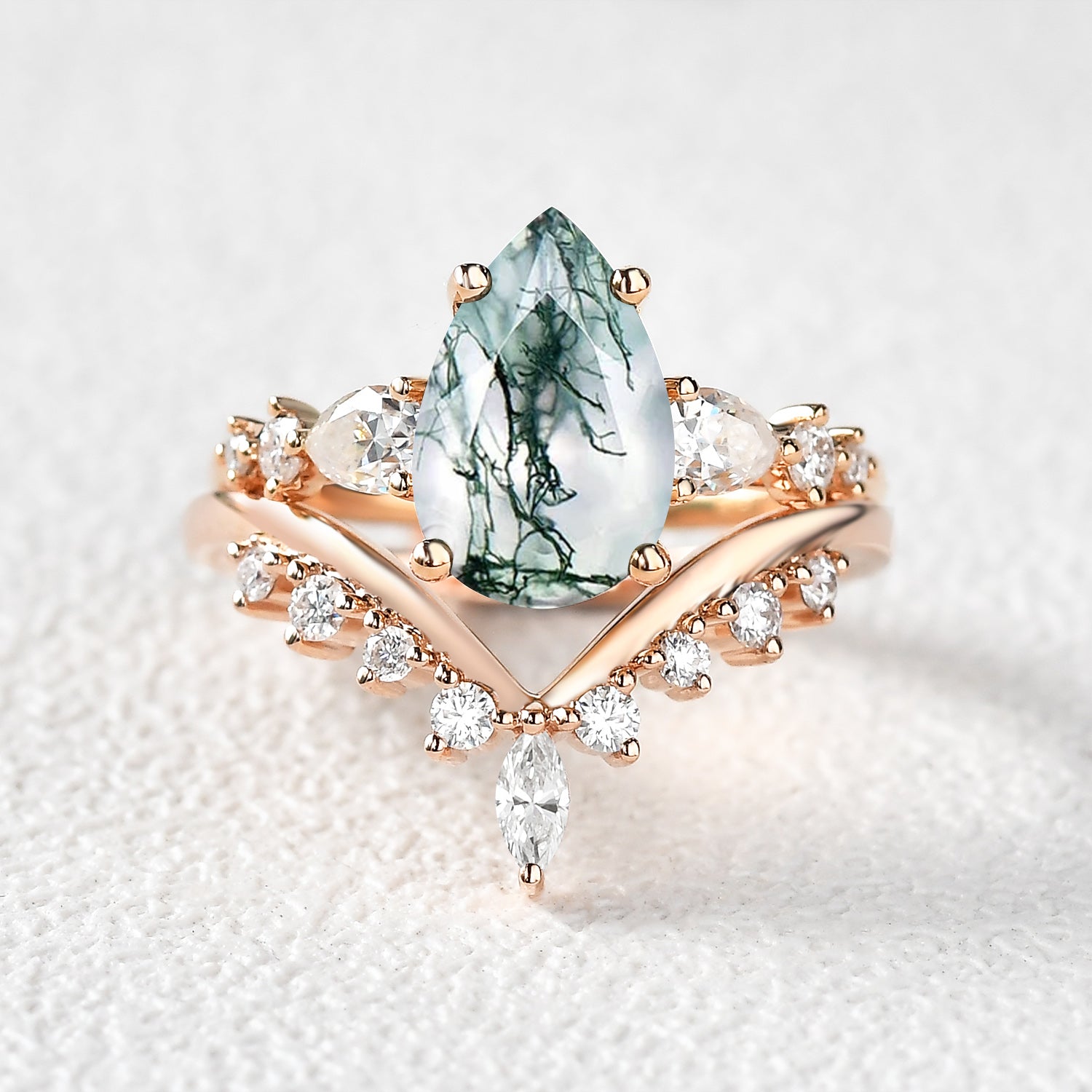 Pear Shaped Moss Agate & Pearl Chevron Bridal Ring Set 2pcs
