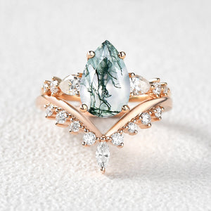 Pear Shaped Moss Agate & Pearl Chevron Bridal Ring Set 2pcs