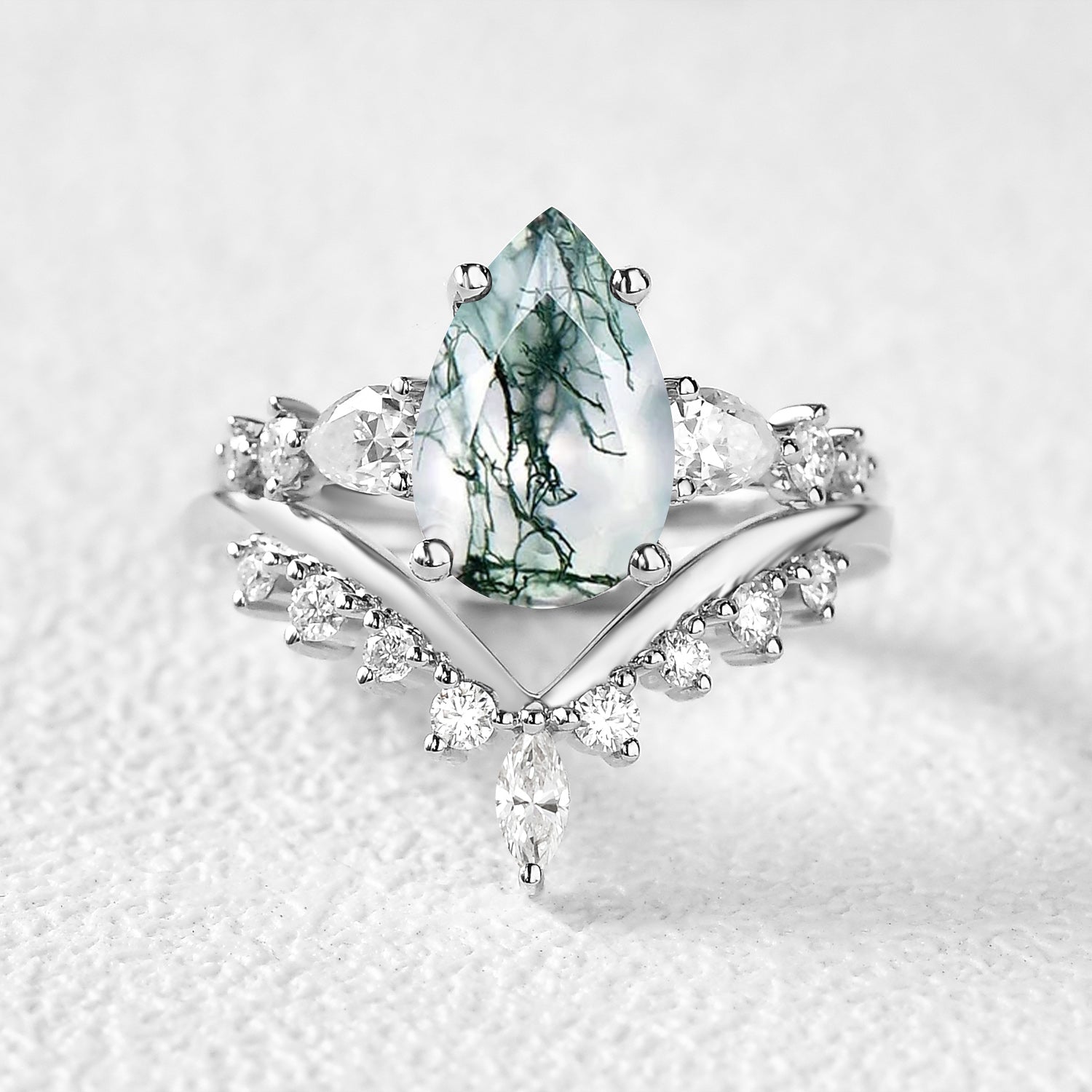 Pear Shaped Moss Agate & Pearl Chevron Bridal Ring Set 2pcs
