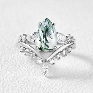 Pear Shaped Moss Agate & Pearl Chevron Bridal Ring Set 2pcs