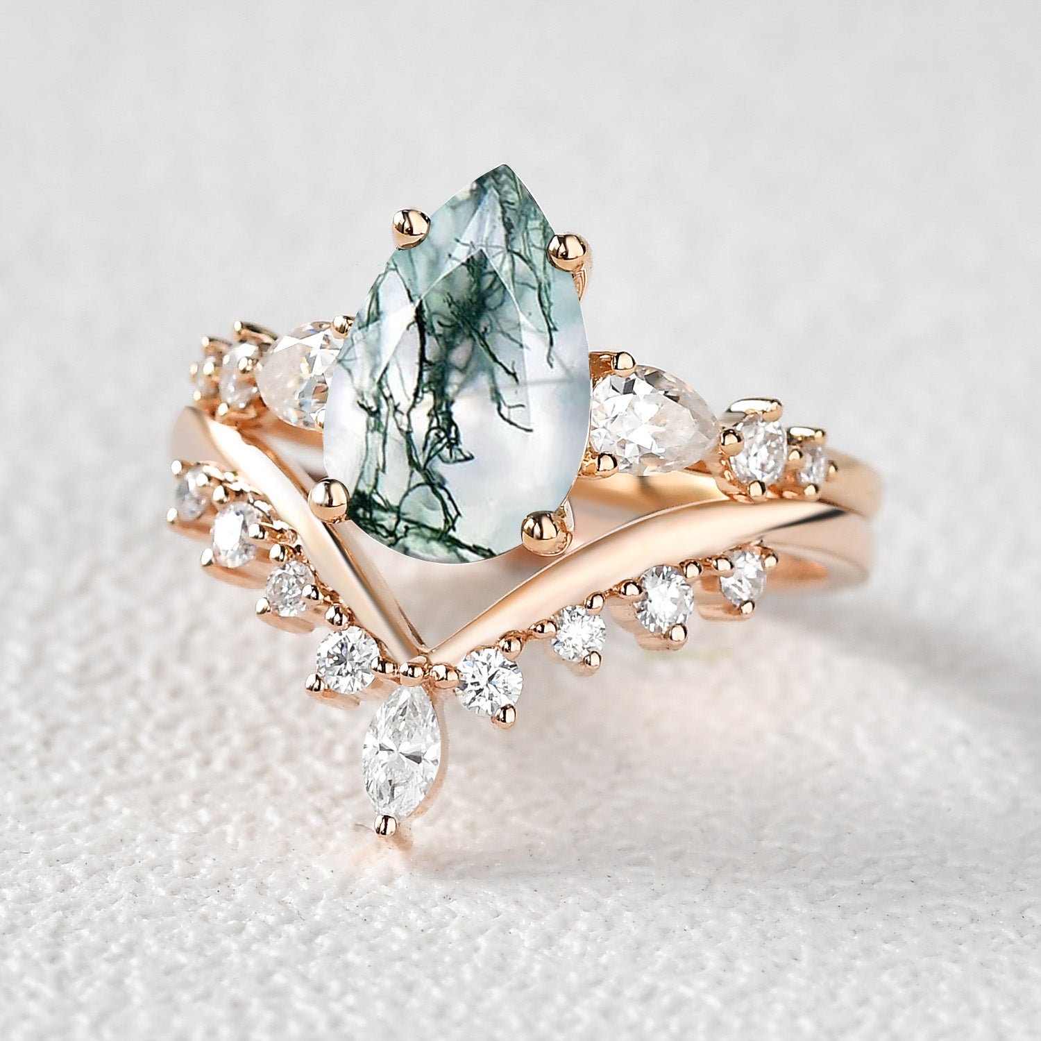 Pear Shaped Moss Agate & Pearl Chevron Bridal Ring Set 2pcs
